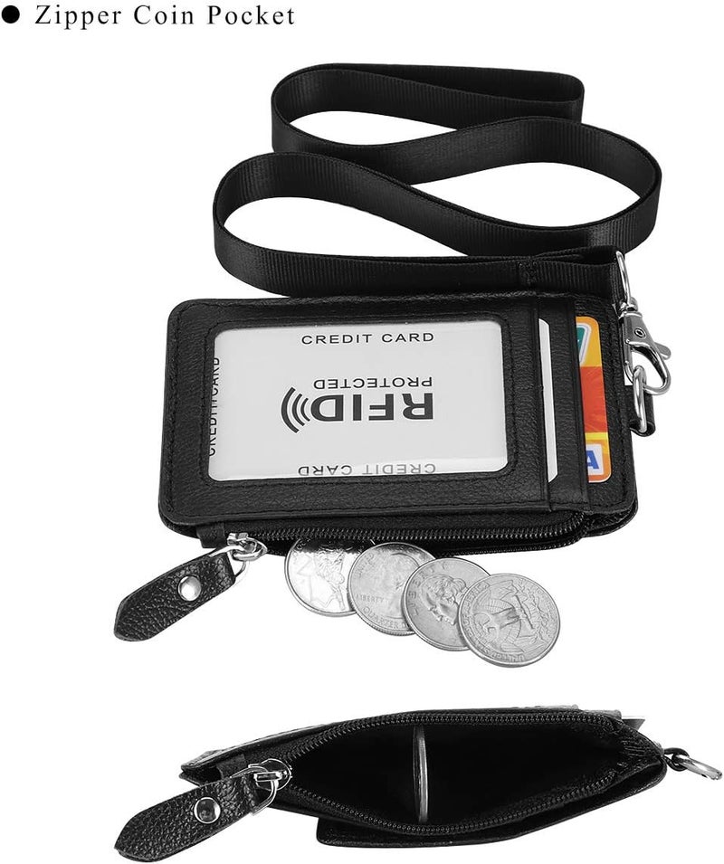 HAWEE Badge Holder with Zipper Genuine Leather RFID Keychain Wallet Neck Lanyards with Swivel Hook for Card/Coin/Cash, Black - Image 3