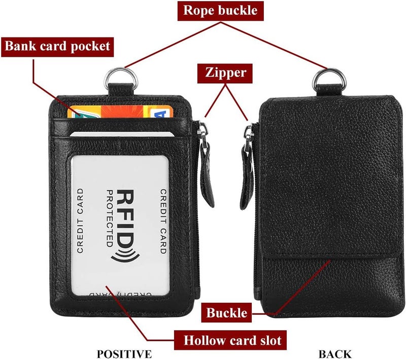 HAWEE Badge Holder with Zipper Genuine Leather RFID Keychain Wallet Neck Lanyards with Swivel Hook for Card/Coin/Cash, Black - Image 5