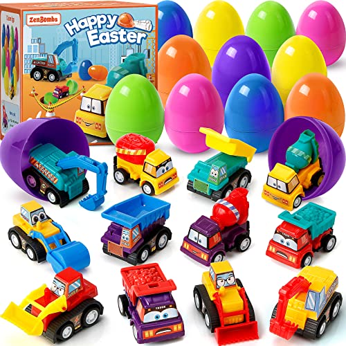 ZenBombs 12 Plastic Easter Eggs Filled with PullBack Engineering Toys Gift for Easter Egg Hunt Birthday Party for Kids Over 3 Years Old - Image 1
