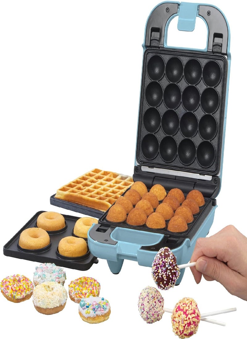 Giles & Posner Giles & Posner EK4943GSBLUN 3-in-1 Mini Treat Maker – Doughnuts, Cake Pops, Waffle Iron Machine, Non-Stick Removable Cooking Plates, Easy Clean, Compact, Children’s Baking, Sorbet, Pastel Blue, 650 W  - Image 1