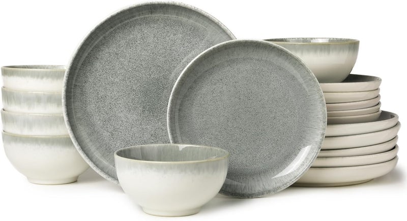 Pokini Ceramic Dinnerware Sets for 6 18 Pieces Stoneware Plates and Bowls Sets Chip and Stain Resistant Modern Dishes Dishwasher  Microwave Safe Dinner Set Gradient Green - Image 1