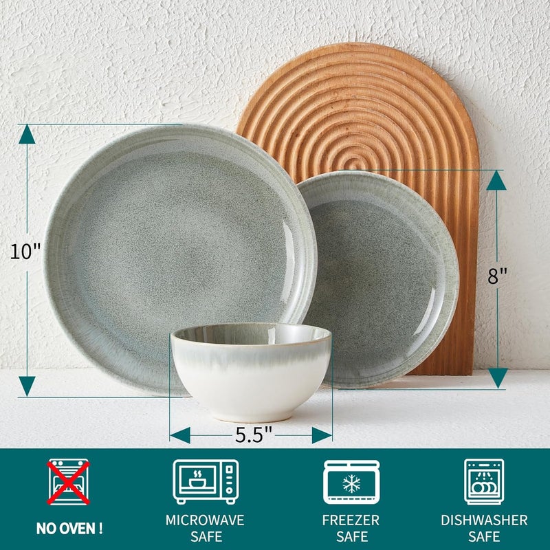 Pokini Ceramic Dinnerware Sets for 6 18 Pieces Stoneware Plates and Bowls Sets Chip and Stain Resistant Modern Dishes Dishwasher  Microwave Safe Dinner Set Gradient Green - Image 2