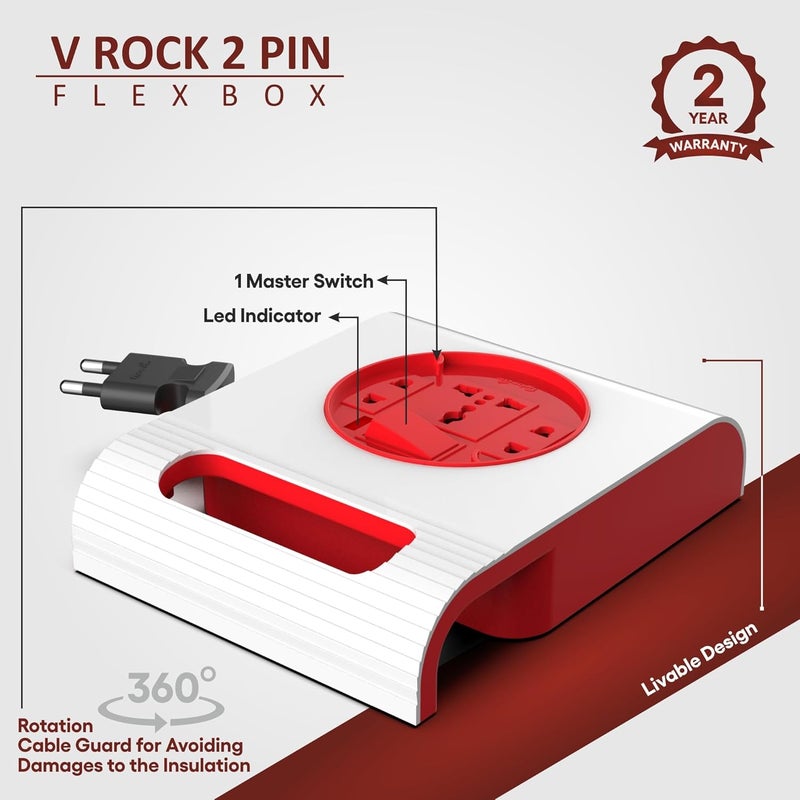 FYBROS Fybros V Rock Square 2 Pin Extension CordPower Strip with Power Indicator Safety Shutter Master Switch6 AMP Output Suitable for Home and Office Use 2 Year Warranty 5 Meter Made in India  - Image 4