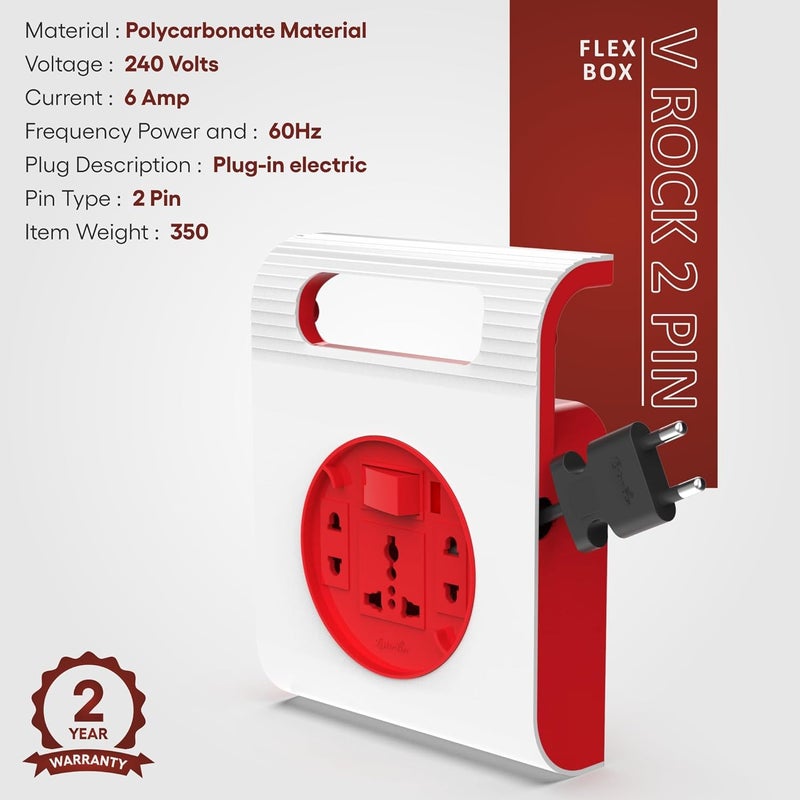 FYBROS Fybros V Rock Square 2 Pin Extension CordPower Strip with Power Indicator Safety Shutter Master Switch6 AMP Output Suitable for Home and Office Use 2 Year Warranty 5 Meter Made in India  - Image 5