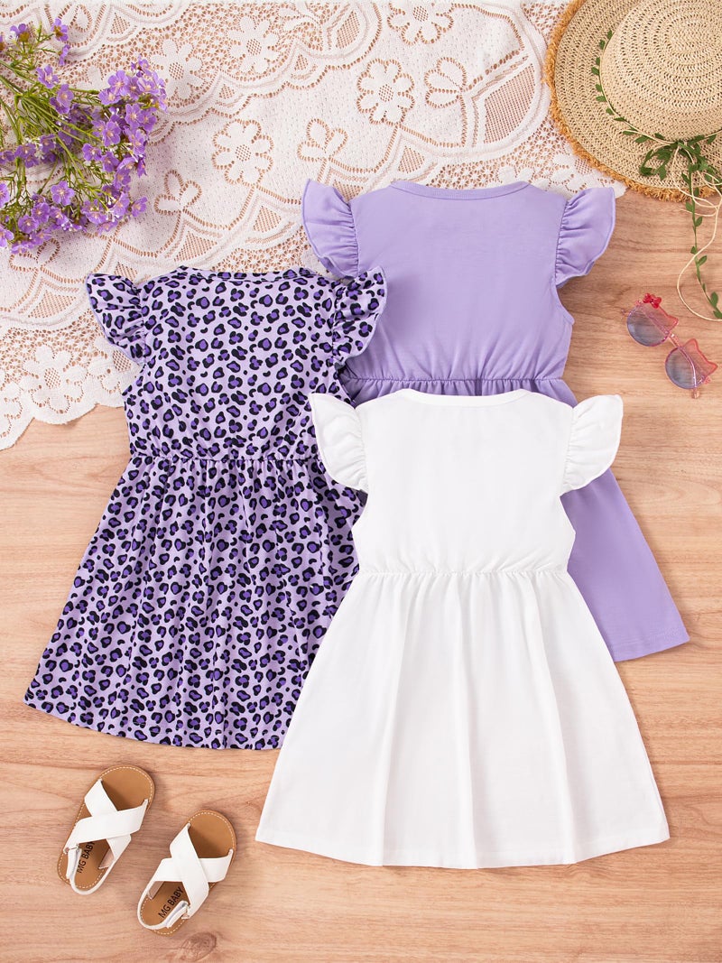 VARMILO Girls Dresses Little Kid Girls Dress 3-Pack Summer Casual Party Print Skater Dress Sundress Size 5 Years White/Purple - Image 2
