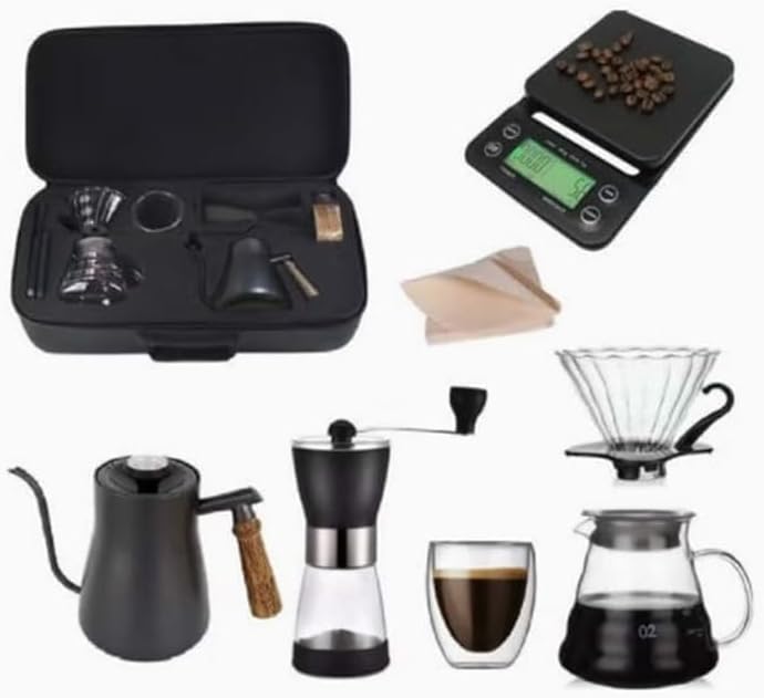 VOGMAX Drip Coffee Maker,V60 Coffee Maker Set Case Includes Filters Dripper Glass Server Grinder Scale with Timer Wooden Handle Kettle with Thermometer and Double-wall glass cup - Image 1