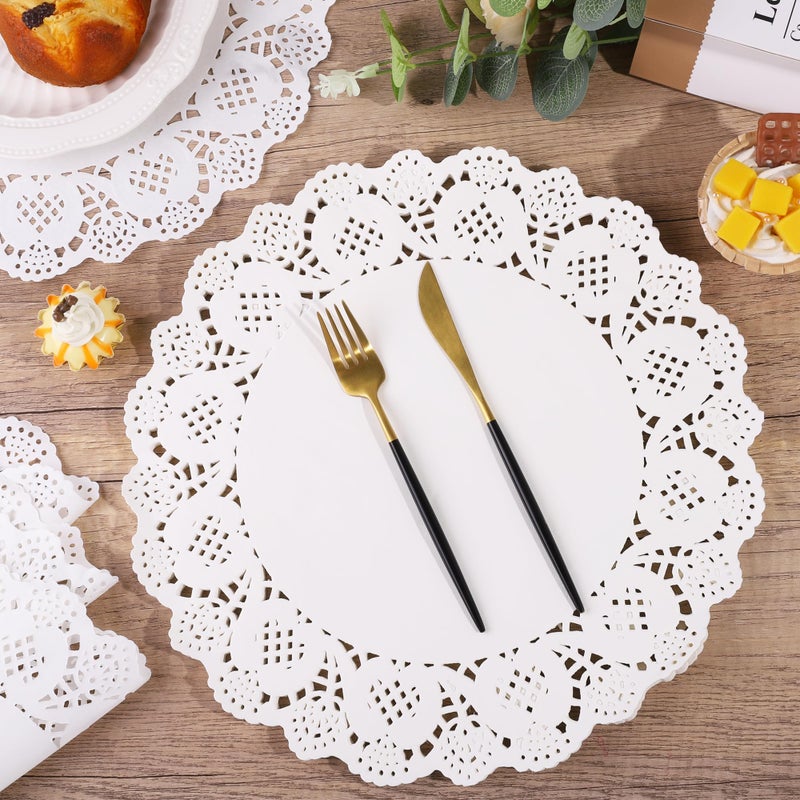 MCEAST 100 Pack Round White Paper Doilies 135 Inches Lace Paper Place Mats Rustic Scallop Doily Disposable Paper Table Pads for Food Cakes Crafts Party Weddings Tableware Decor