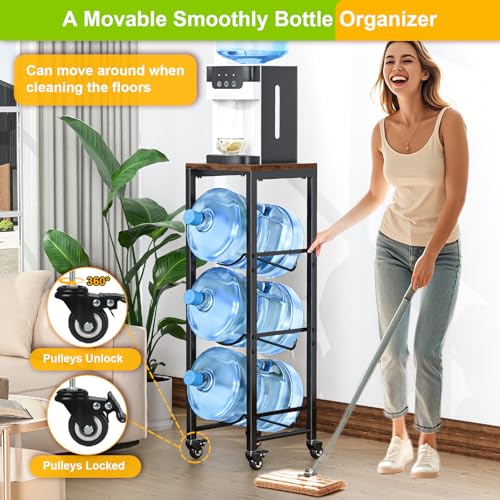Mlinavn 5 Gallon Water Bottle Holder, 3-Tier Water Jug Rack,Water Jug Stand With Lockable Casters,Heavy Duty Water Storage Rack Water Dispenser Stand,Water Jug Holder For Kitchen,Office,Garage,Brown - Image 2