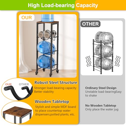 Mlinavn 5 Gallon Water Bottle Holder, 3-Tier Water Jug Rack,Water Jug Stand With Lockable Casters,Heavy Duty Water Storage Rack Water Dispenser Stand,Water Jug Holder For Kitchen,Office,Garage,Brown - Image 5