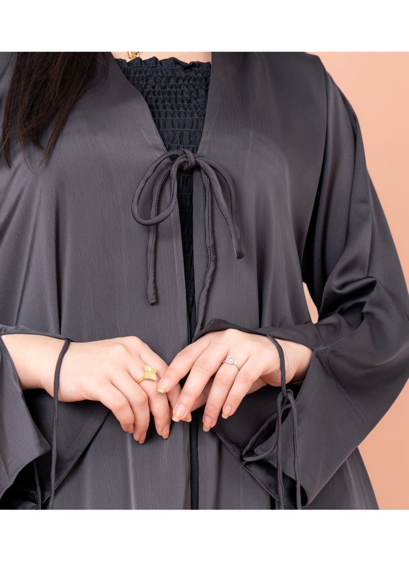 IKKXA Front Tie Open Abaya AIK055 Grey  - Image 2