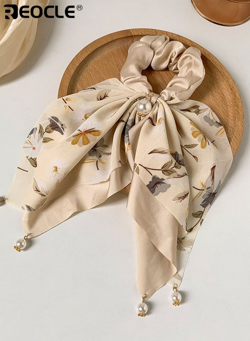 REOCLE Women's Floral Scarf Scrunchie with Pearl Accents Multi-Style Hair Tie Versatile Daily Hair Accessory for Daily Use - Image 5