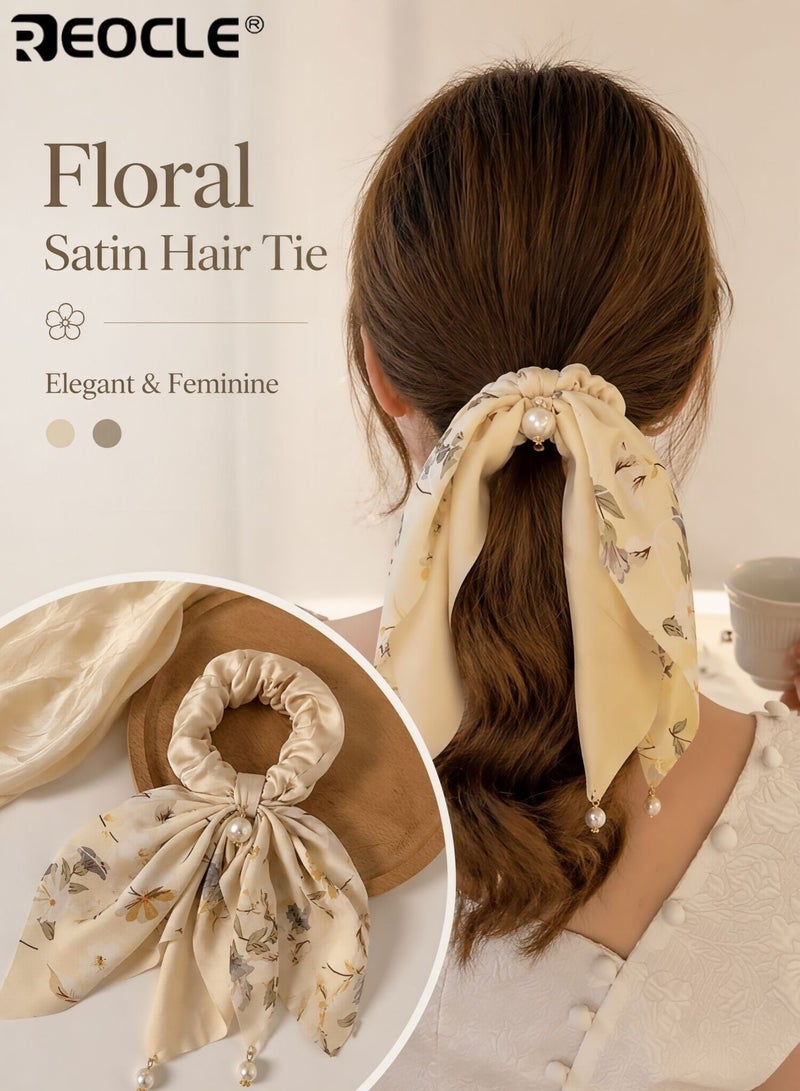REOCLE Women's Floral Scarf Scrunchie with Pearl Accents Multi-Style Hair Tie Versatile Daily Hair Accessory for Daily Use - Image 1