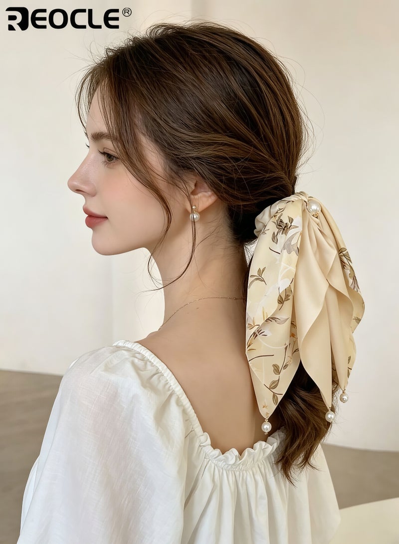 REOCLE Women's Floral Scarf Scrunchie with Pearl Accents Multi-Style Hair Tie Versatile Daily Hair Accessory for Daily Use - Image 3