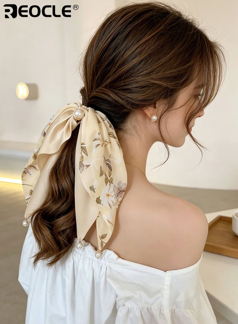 REOCLE Women's Floral Scarf Scrunchie with Pearl Accents Multi-Style Hair Tie Versatile Daily Hair Accessory for Daily Use - Image 2