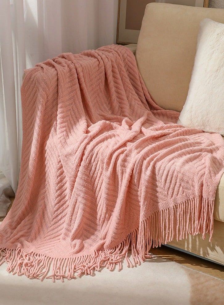 Loquat Tassel Design Knitted Textured Soft Throw Blanket Keep Warm Pink - Image 1