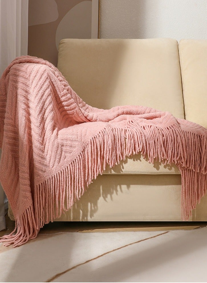 Loquat Tassel Design Knitted Textured Soft Throw Blanket Keep Warm Pink - Image 2