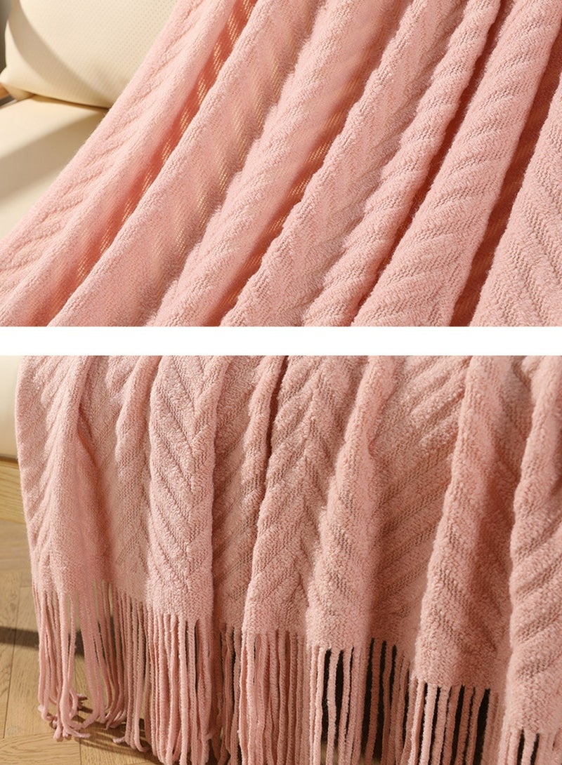 Loquat Tassel Design Knitted Textured Soft Throw Blanket Keep Warm Pink - Image 3