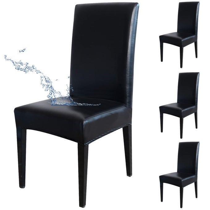 DINING CHAIR COVERS SOLID PU LEATHER WATERPROOF OILPROOF STRETCH DINING CHAIR SLIPCOVER CHAIR SEAT PROTECTOR COVER BLACK 4 PACK