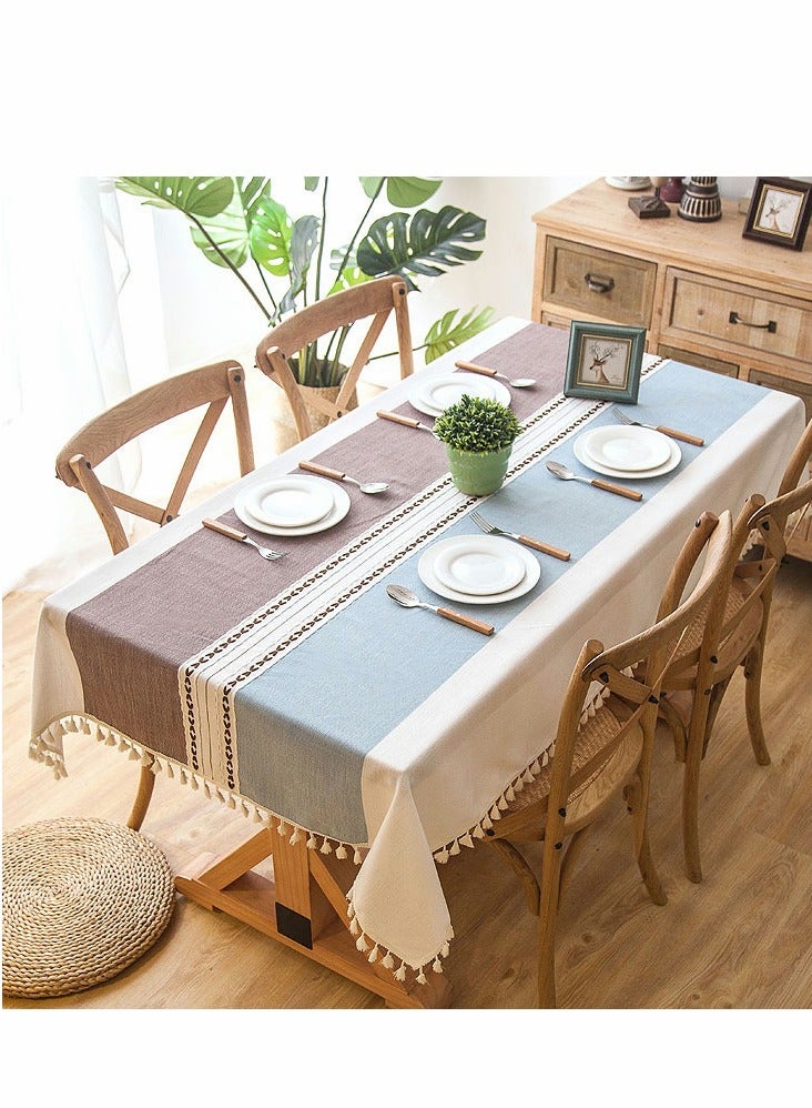 Tablecloth, Rectangular Cotton Linen Washable Table Cloth with Tassel, Table Decoration Cloth for Rectangle Oblong Table, Kitchen, Dining, Tea Table Tabletop Decoration (55 x 71 inch, Blue Brown) - Image 5
