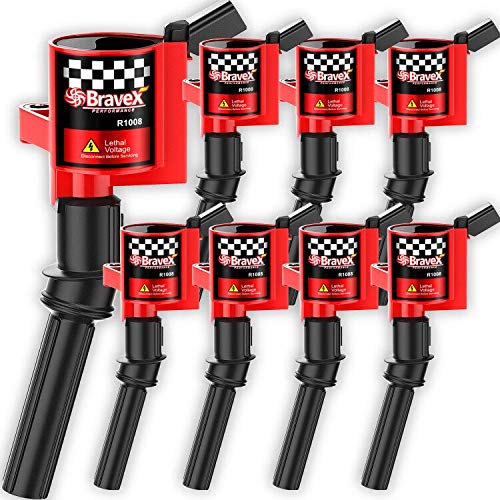 Bravex Ignition Coil Pack & Spark Plug SP479 for Ford F-150 F-250 4.6L 5.4L V8 DG508 DG457 DG472 DG491 Crown Victoria Expedition Mustang Lincoln Mercury Curved Boot Set of 8 (15% More Energy) - Image 1