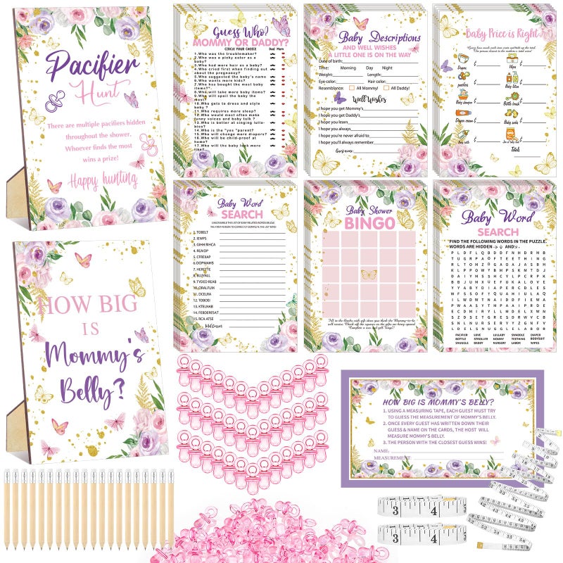 Sherr 424 Pcs Butterfly Baby Shower Pacifier Hunt Game Include Hunt Sign and 50 Acrylic Pacifiers Bingo Price Guess How Is Big Search for Baby Shower Game Decoration Gifts Gender Reveal Party Decor - Image 1