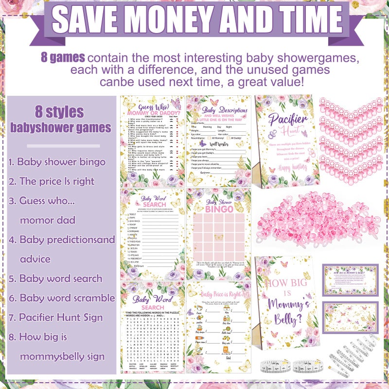 Sherr 424 Pcs Butterfly Baby Shower Pacifier Hunt Game Include Hunt Sign and 50 Acrylic Pacifiers Bingo Price Guess How Is Big Search for Baby Shower Game Decoration Gifts Gender Reveal Party Decor - Image 4