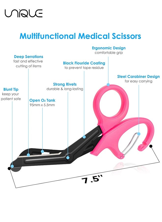 Unique Trauma Scissors Medical Scissors with Carabiner - 2 PCS 7.5" Bandage Nursing Scissors - Premium Fluoride-Coated Surgical Scissors for Nurses, Doctors, Nursing Students, First Aid, EMT EMS - Black/Pink - Image 2