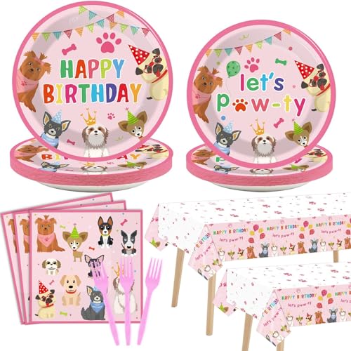 Tevxj 98pcs Dog Birthday Party Decorations Puppy Tableware Set Plates Napkins Pink Dog Theme Tablecloth for Girl Birthday Lets Pawty Party Supplies Kit Pet Dogs Table Cover Dinnerware Paw Print Theme Favors - Image 1