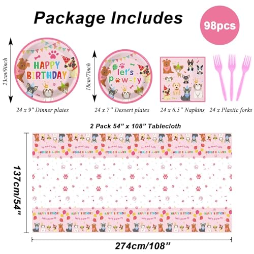 Tevxj 98pcs Dog Birthday Party Decorations Puppy Tableware Set Plates Napkins Pink Dog Theme Tablecloth for Girl Birthday Lets Pawty Party Supplies Kit Pet Dogs Table Cover Dinnerware Paw Print Theme Favors - Image 5