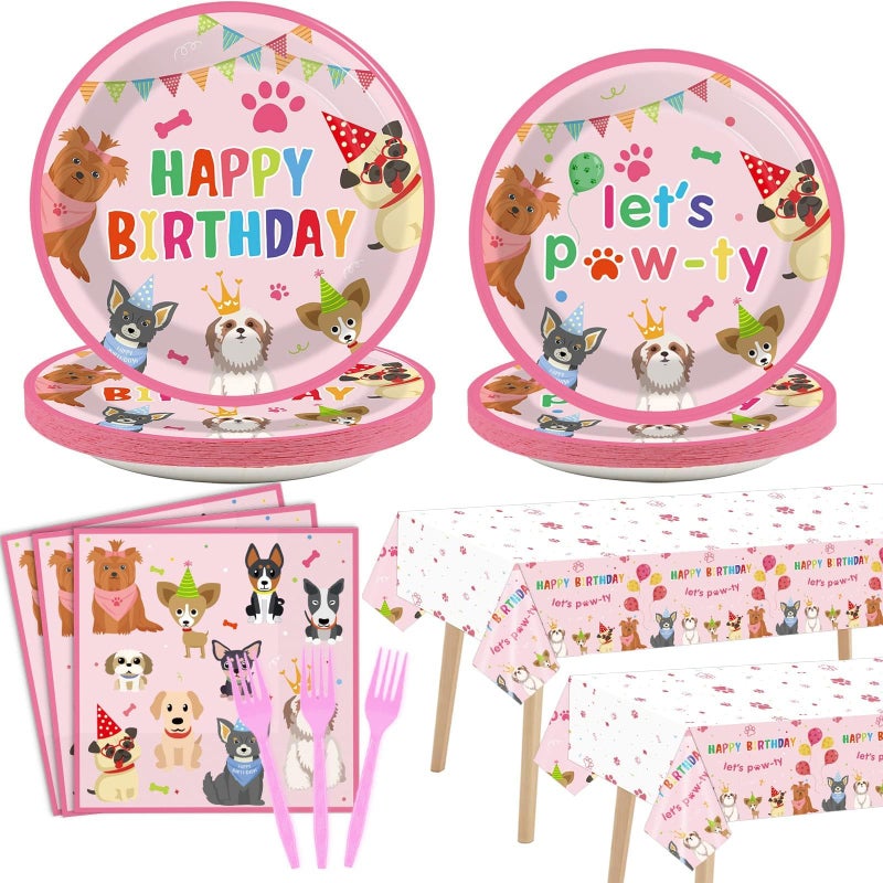 Tevxj 98pcs Dog Birthday Party Decorations Puppy Tableware Set Plates Napkins Pink Dog Theme Tablecloth for Girl Birthday Lets Pawty Party Supplies Kit Pet Dogs Table Cover Dinnerware Paw Print Theme Favors - Image 3