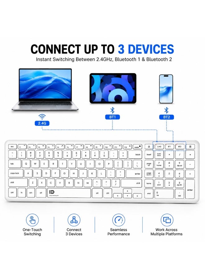 FD K602T Dual Mode Wireless 2.4G, Bluetooth Keyboard, Connect to 3 Devices, Rechargable Battery USB C Cable, Ultra Thin, Multimedia keys - Image 2
