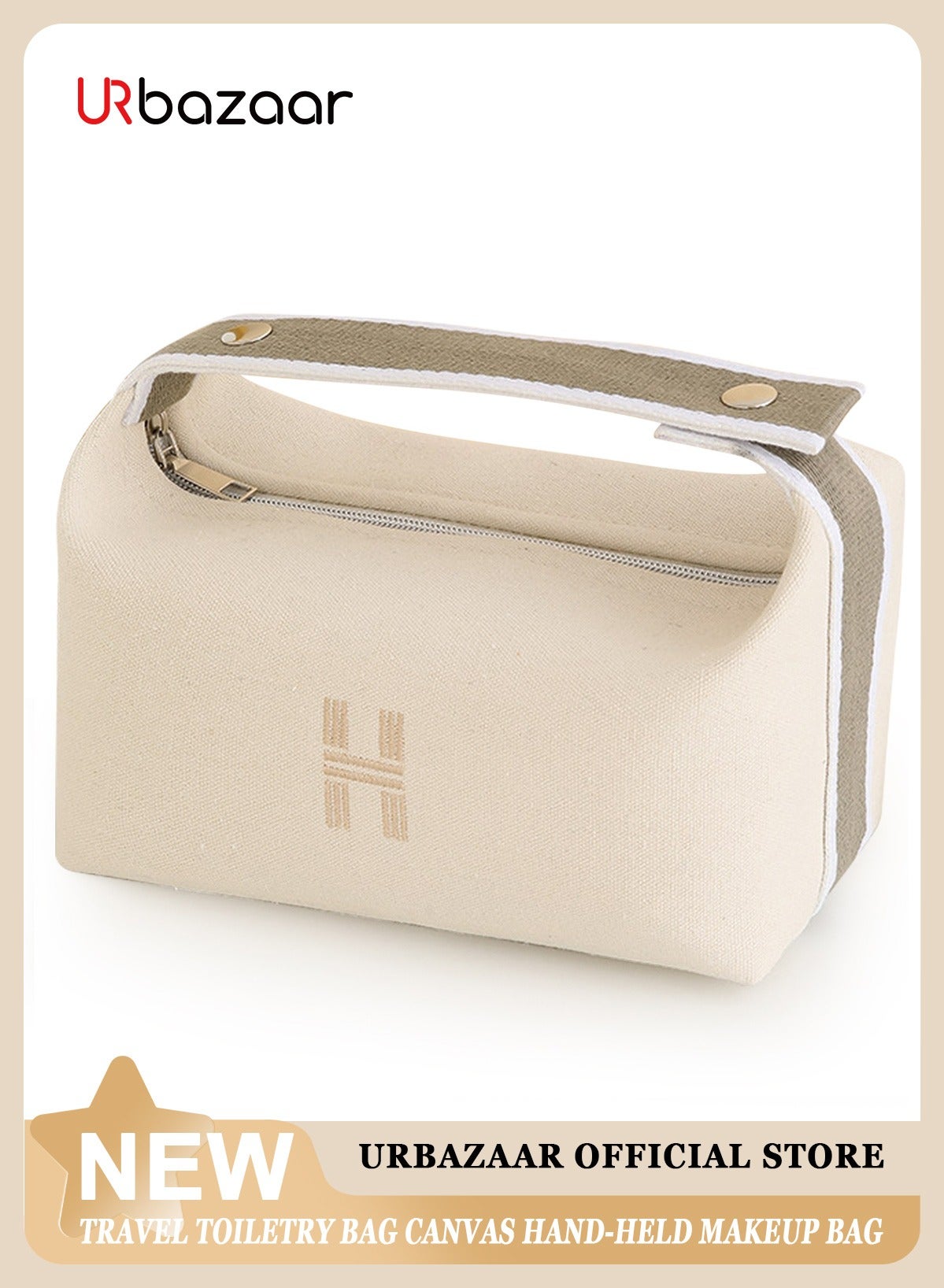 Makeup Bag Travel Toiletry Bag, Small Cosmetic Bag Portable Travel Makeup Bag with Handle, Fashion Canvas Makeup Organizer Bag Water Resistant for Women and Girls (Beige)