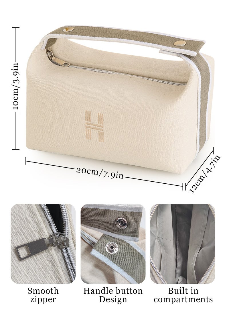 URbazaar Makeup Bag Travel Toiletry Bag, Small Cosmetic Bag Portable Travel Makeup Bag with Handle, Fashion Canvas Makeup Organizer Bag Water Resistant for Women and Girls (Beige)  - Image 2