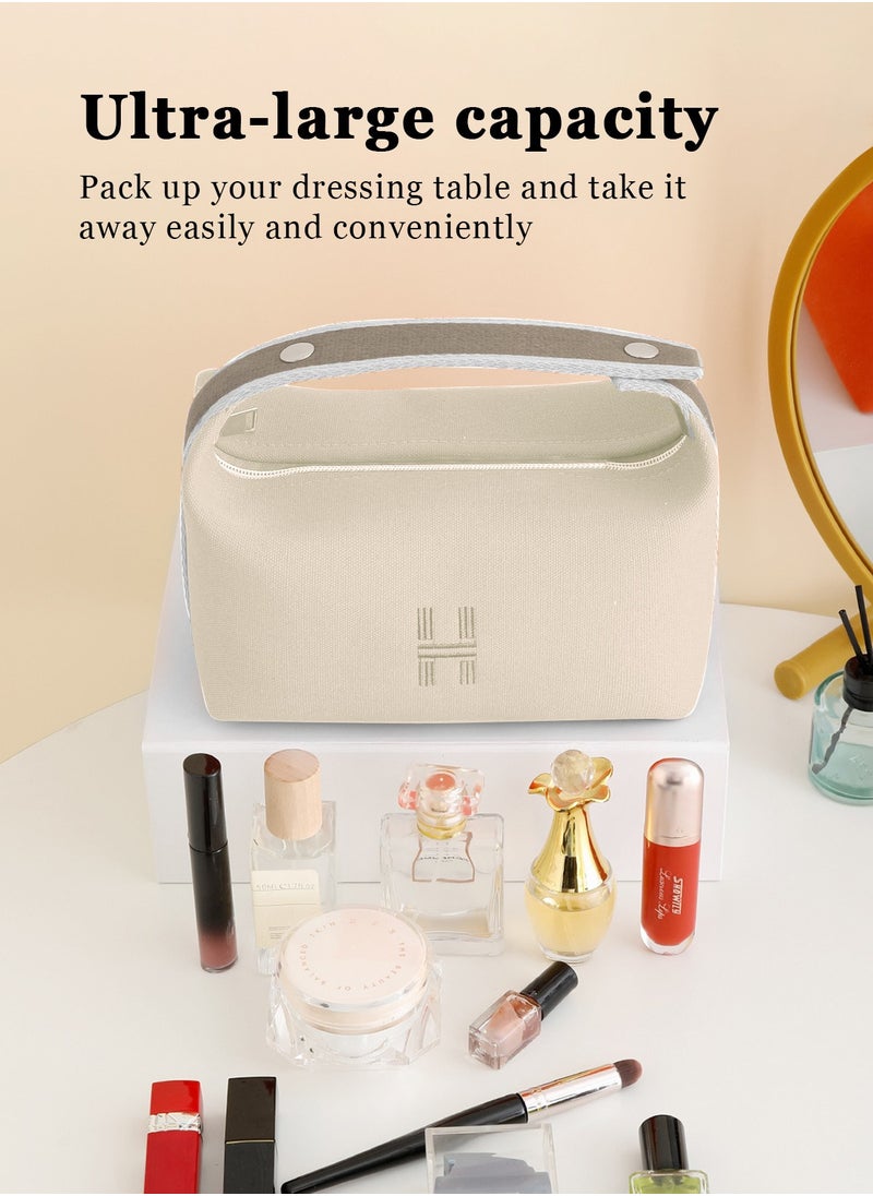 URbazaar Makeup Bag Travel Toiletry Bag, Small Cosmetic Bag Portable Travel Makeup Bag with Handle, Fashion Canvas Makeup Organizer Bag Water Resistant for Women and Girls (Beige)  - Image 4