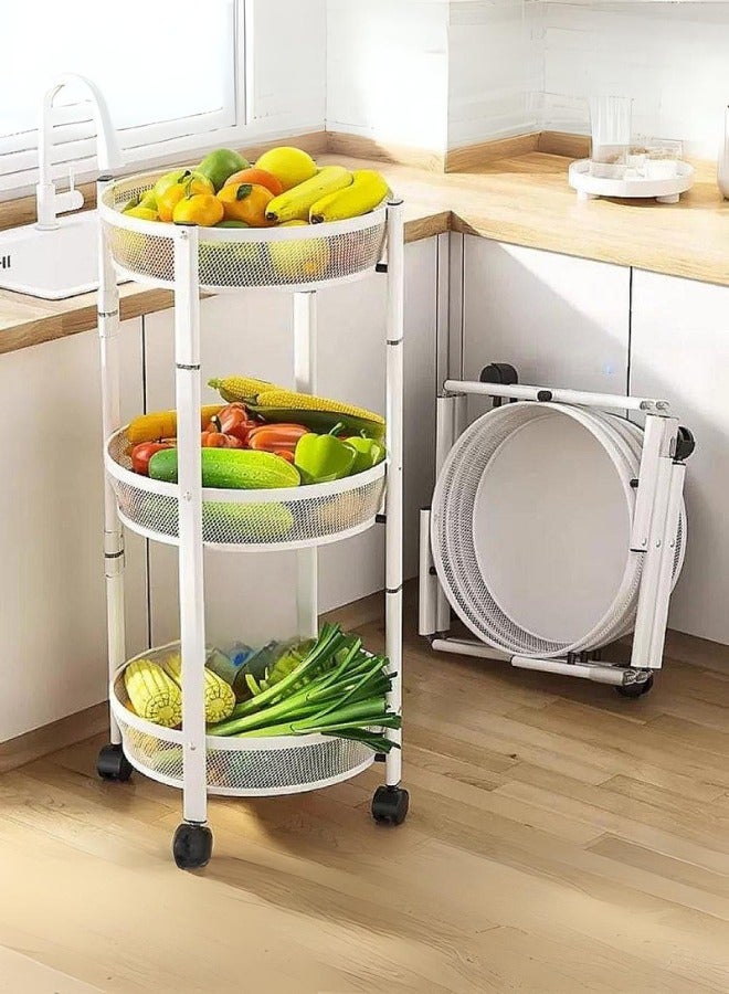 شي ون عربة تخزين متعددة الطبقات قابلة للطي بعجلات للمطبخ والخضروات والفواكه ابيض - Image 2