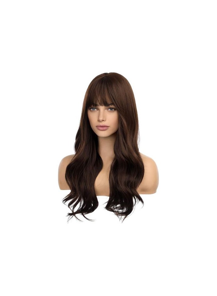 باروكة شعر صناعي  طويل مموج بني اللون