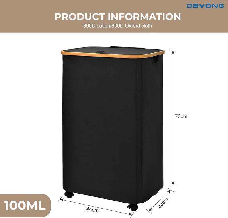 DAYONG Laundry Hamper with Wheels, 100L Rolling Clothes Basket Bin with Lid, Foldable Laundry Basket with Removable Liner for Bedroom, Laundry Room, Bathroom, Dorm (Black) - Image 2