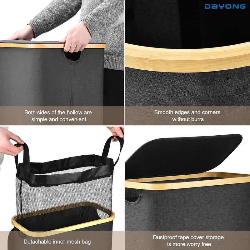 DAYONG Laundry Hamper with Wheels, 100L Rolling Clothes Basket Bin with Lid, Foldable Laundry Basket with Removable Liner for Bedroom, Laundry Room, Bathroom, Dorm (Black) - Image 3