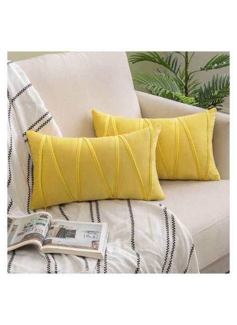 Pack of 2 Fall Decorative Velvet Throw Pillow Covers Modern Striped Solid Cushion Rectangle Soft Cozy for Bed Sofa Couch Car Living Room (12x20 inch / 30x50 cm Lemon Yellow)