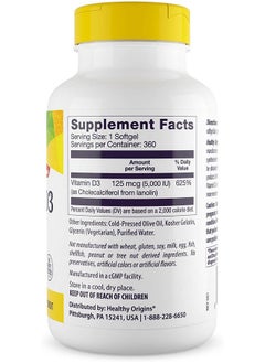 Healthy Origins Vitamin D3 5000 Iu (Nongmo High Potency Bone Support Immune Support Gluten Free) 360 Softgels  - Image 3