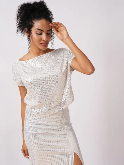 globus Women Embellished One Shoulder Extended Sleeves Net Top