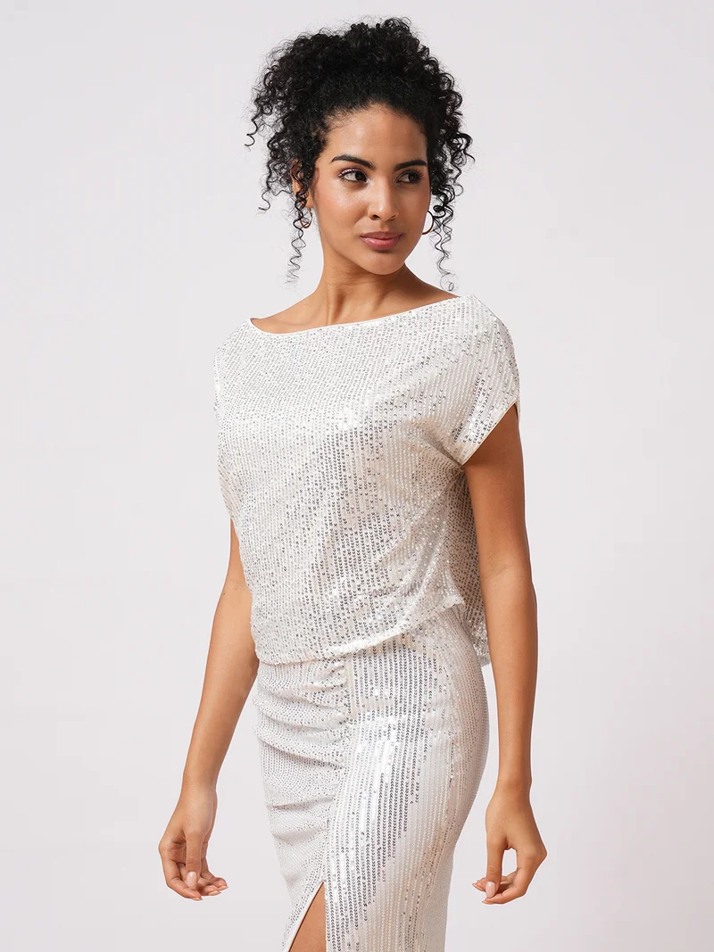 globus Women Embellished One Shoulder Extended Sleeves Net Top
