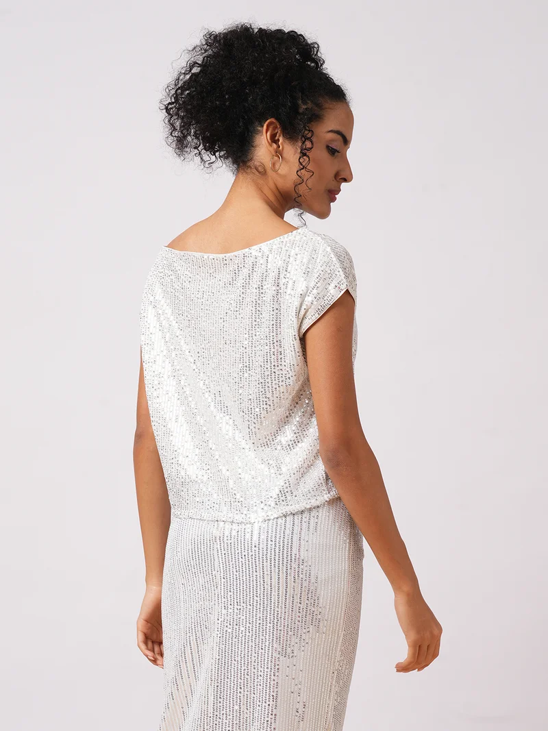 globus Women Embellished One Shoulder Extended Sleeves Net Top