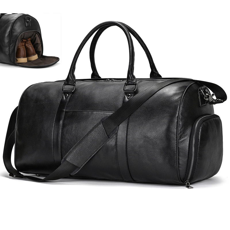SAIION Genuine Leather Travel Duffel Bags for Men and Women Overnight Weekend Leather Bags Sports Gym Duffle 9428 Black - Image 2