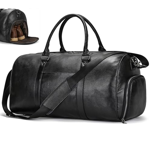 SAIION Genuine Leather Travel Duffel Bags for Men and Women Overnight Weekend Leather Bags Sports Gym Duffle 9428 Black - Image 1