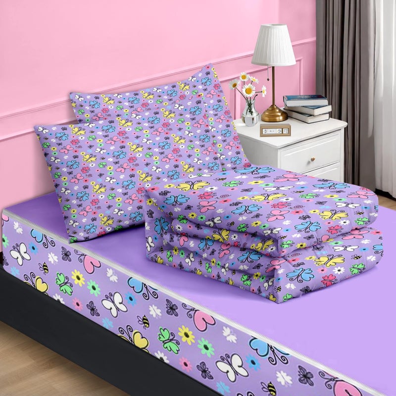 Nesker Zipper Bedding Twin Colorful Butterfly Zip Up Bedding Set for Girls and Kids, Cute Cartoon Flowers 3 Pcs Comforter Bed in a Bag with Fitted Sheet and 2 Pcs Pillowcases - Image 2