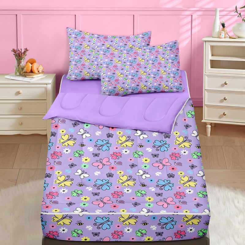 Nesker Zipper Bedding Twin Colorful Butterfly Zip Up Bedding Set for Girls and Kids, Cute Cartoon Flowers 3 Pcs Comforter Bed in a Bag with Fitted Sheet and 2 Pcs Pillowcases - Image 1