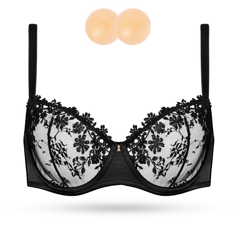 Wingslove Women's Sexy Lace Bra Demi Sheer Mesh Balconette See Through Bralette Unlined Underwire Embroidered (Black,34DD) - Image 1