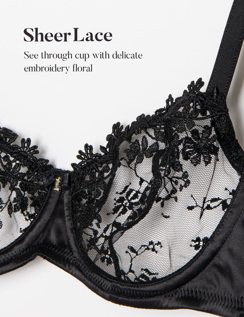 Wingslove Women's Sexy Lace Bra Demi Sheer Mesh Balconette See Through Bralette Unlined Underwire Embroidered (Black,34DD) - Image 5
