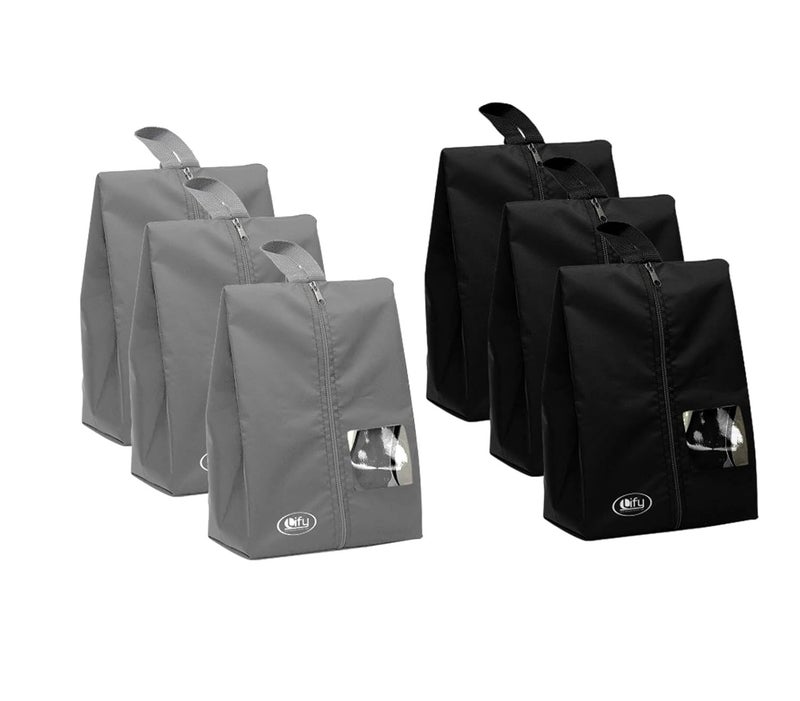 Lify Travel Shoe Bags with View Water-Resistant Shoe Bags，Portable Nylon Travel Shoe Organiser Bags with Zipper for Women Men，6 Pack (Black & Grey) - Image 1
